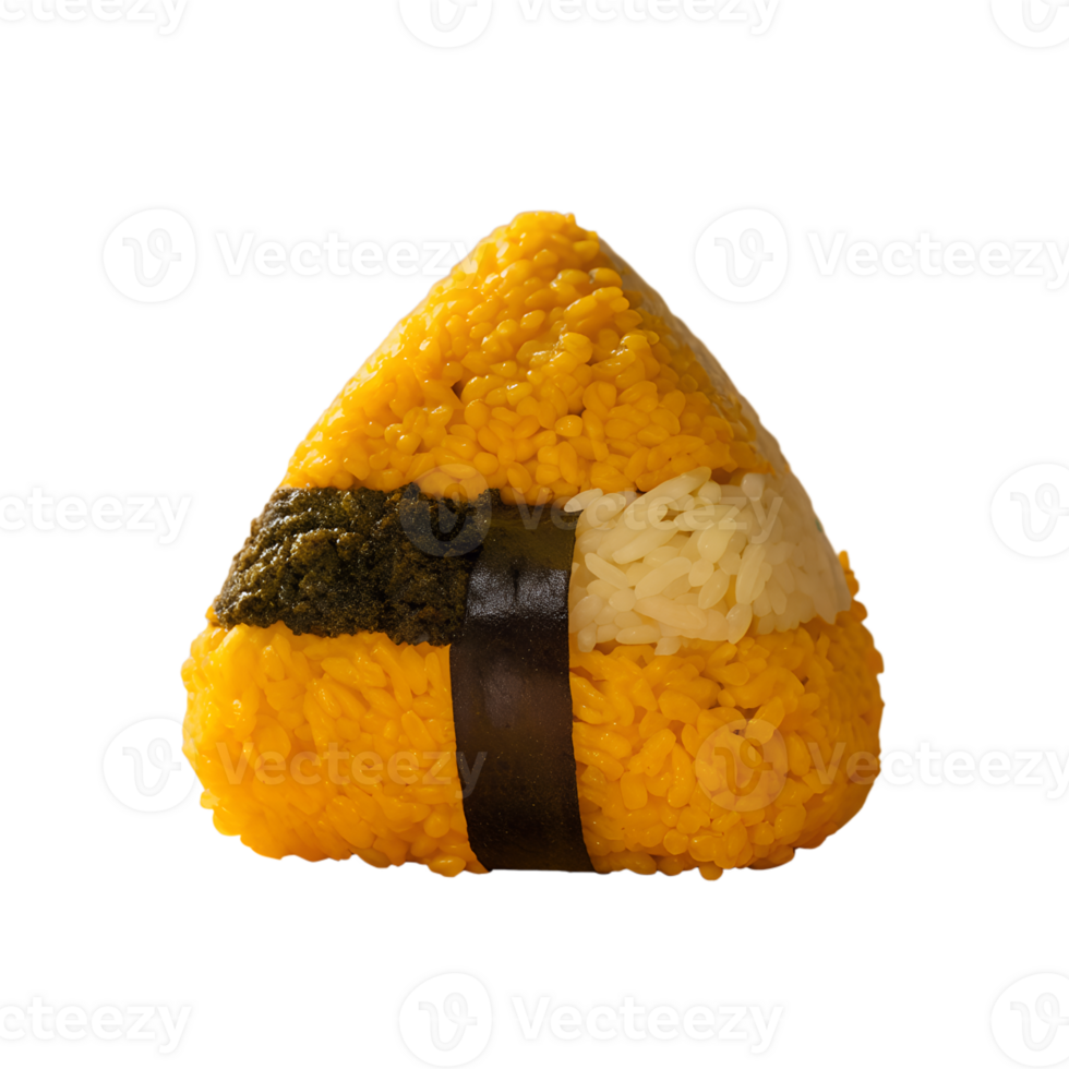 Colorful onigiri with turmeric-seasoned rice, nori seaweed, and a savory filling. A vibrant and delicious Japanese rice snack. png