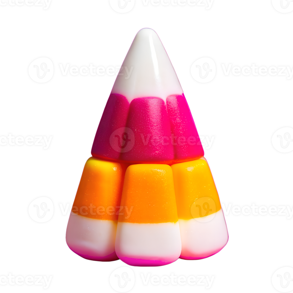 Colorful candy corn confection arranged in a pyramid shape, showcasing vibrant pink, orange, and white hues against a white background. png
