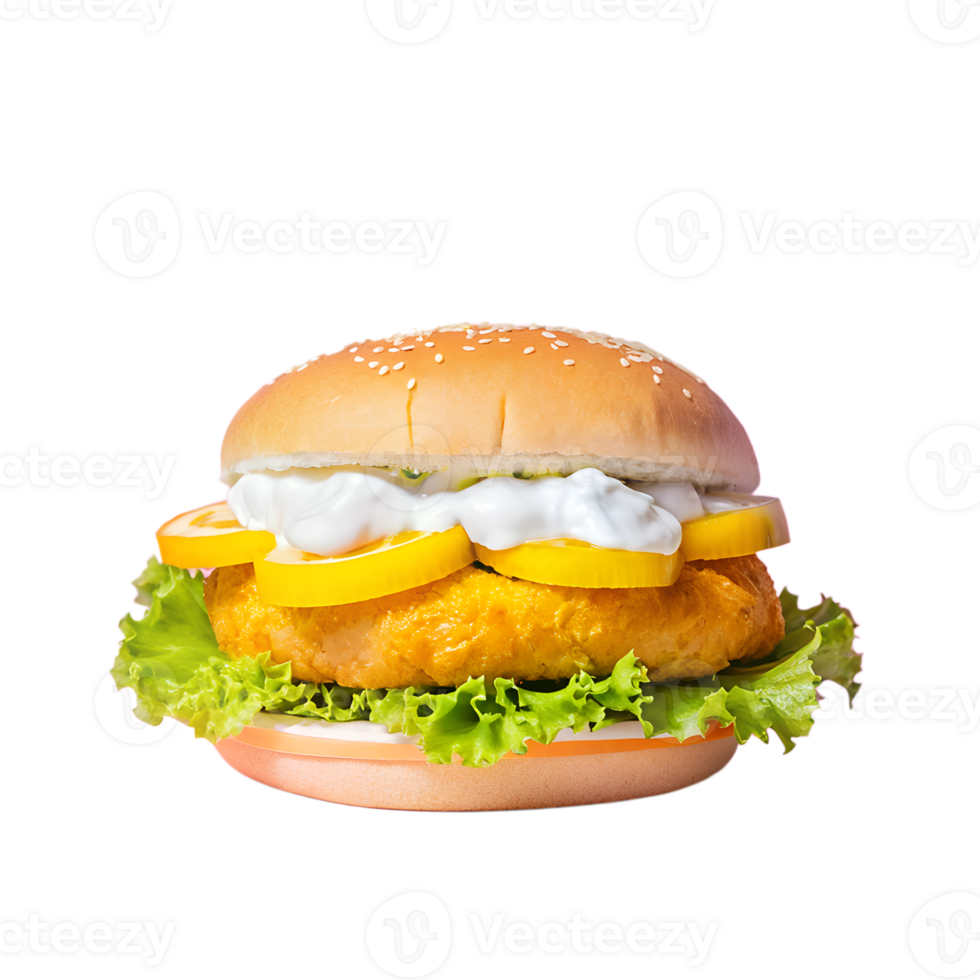 Delicious crispy chicken burger with fresh lettuce, sliced tomatoes, and creamy mayonnaise in a sesame seed bun. png