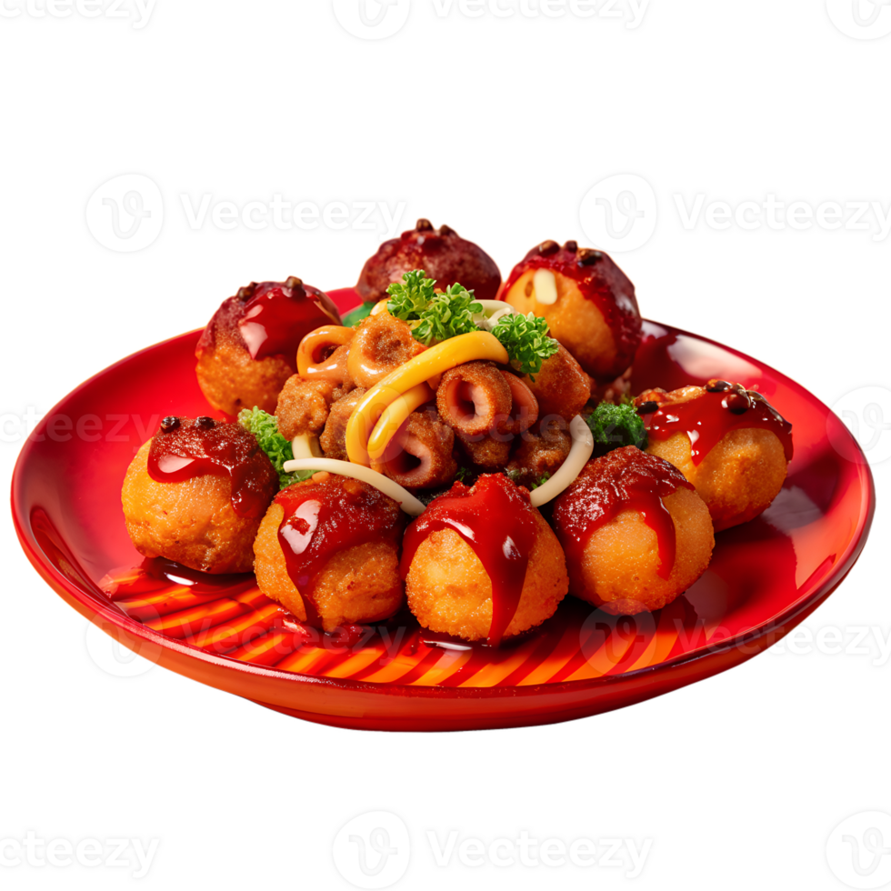 A vibrant plate of takoyaki, Japanese octopus fritters, garnished with sauce, parsley, and pickled ginger on a colorful dish. png