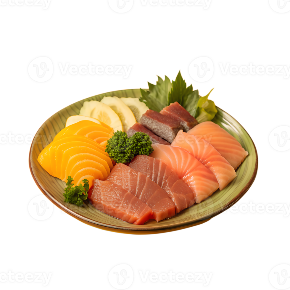 Assorted sashimi platter with salmon, tuna, and other fresh fish slices, garnished with vegetables and lemon, served on a ceramic plate. png