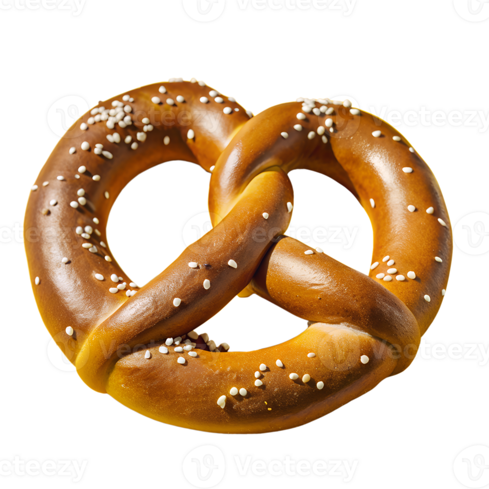 Close-up of a fresh, golden-brown pretzel with coarse salt sprinkled on top, isolated against a clean white background. png