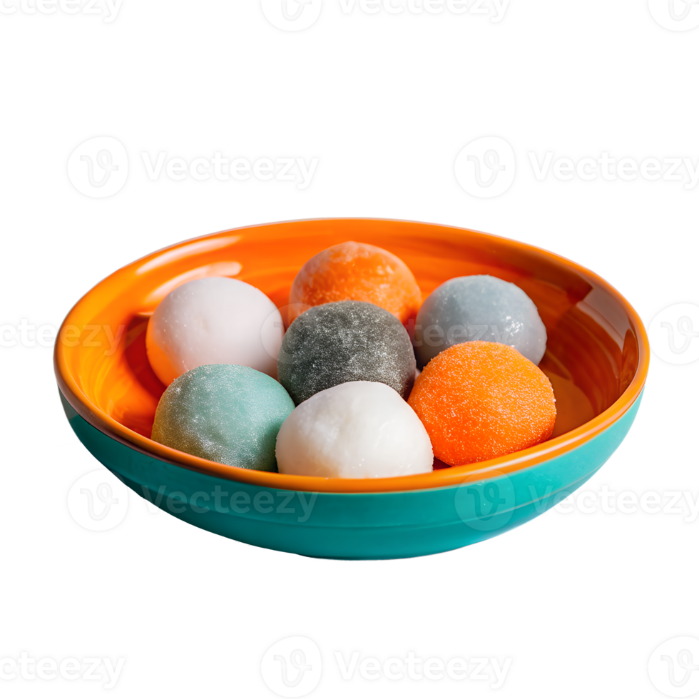 Colorful mochi balls in an orange and blue bowl, vibrant Asian dessert on a white background. png