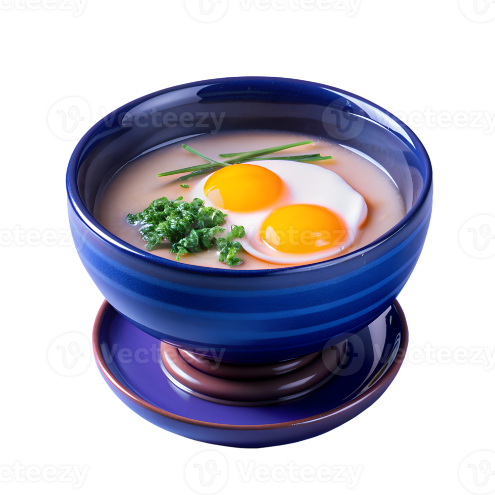 Delicious bowl of rice porridge with two sunny-side-up eggs and green onion garnish in a blue bowl on a matching plate. png