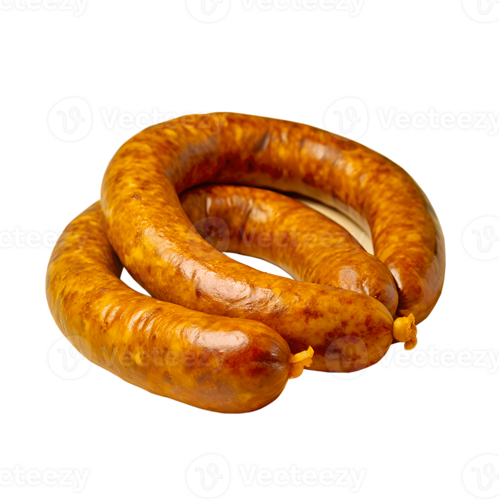 Close-up of smoked sausage rings on a white background, showcasing their golden-brown color and delicious texture, perfect for culinary use. png