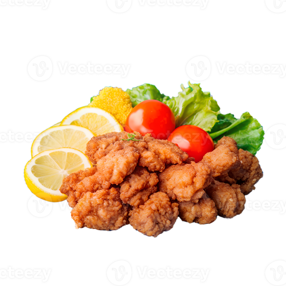 Crispy fried chicken with lemon slices, lettuce, and cherry tomatoes, perfect for a delicious meal or food presentation. png