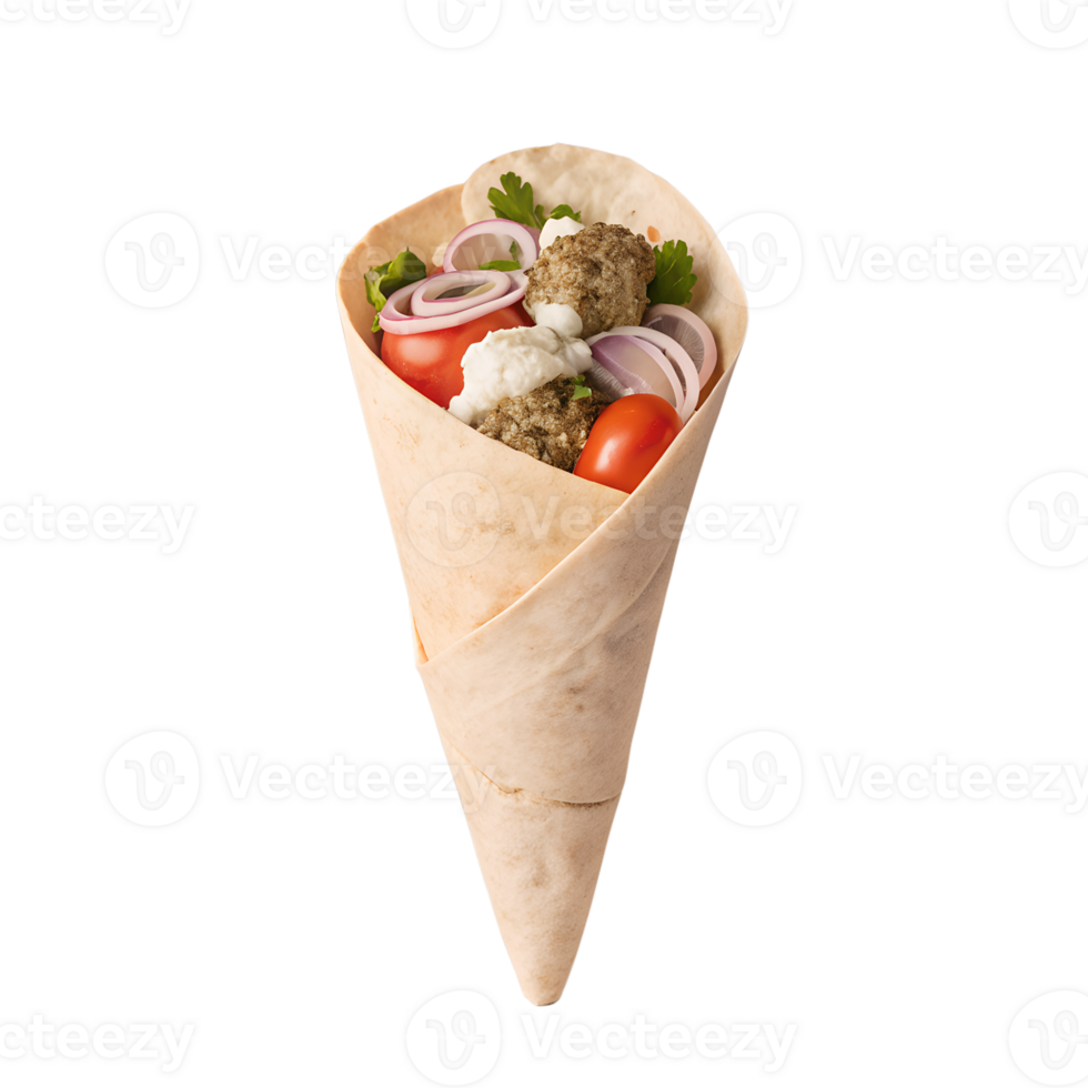 Healthy vegetarian falafel wrap with fresh tomatoes, onions, parsley, and creamy sauce, isolated on white background. png