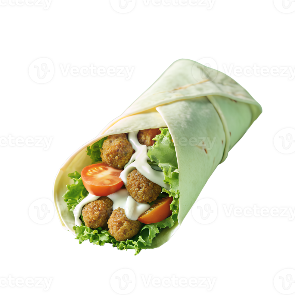 Fresh falafel wrap with lettuce, cherry tomatoes, and creamy sauce, perfect for a vegan or vegetarian meal option on the go. png