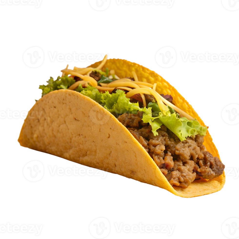 Delicious taco with ground beef, lettuce, and cheese on a crunchy shell. Perfect for Mexican cuisine and food lovers. png