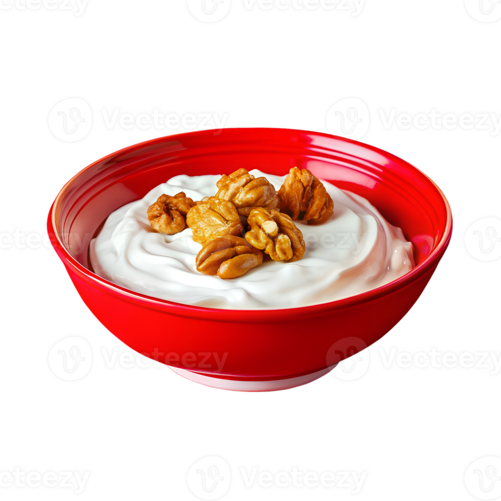 Red bowl filled with creamy yogurt, topped with crunchy walnuts, against a white background. Perfect for healthy breakfast or snack. png