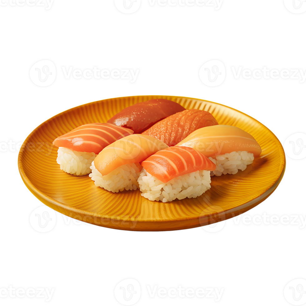 Plate of assorted nigiri sushi featuring fresh raw fish and seasoned rice, perfect for Japanese cuisine enthusiasts. png