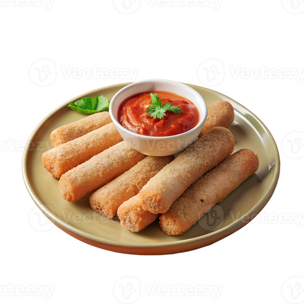 Plate of crispy breadsticks with a side of marinara sauce, garnished with basil, perfect for appetizers or snacks. png