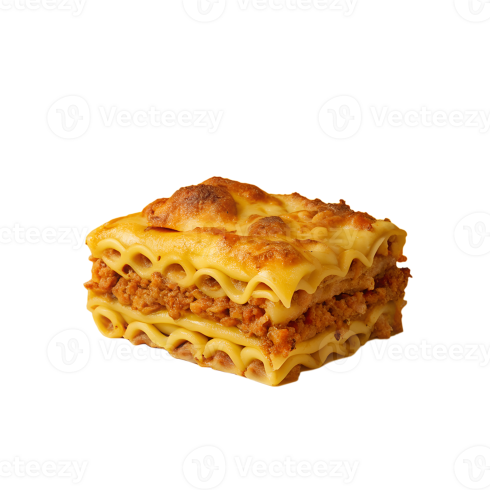 Delicious slice of traditional lasagna with layers of pasta, meat sauce, and melted cheese, perfectly baked to golden perfection. png