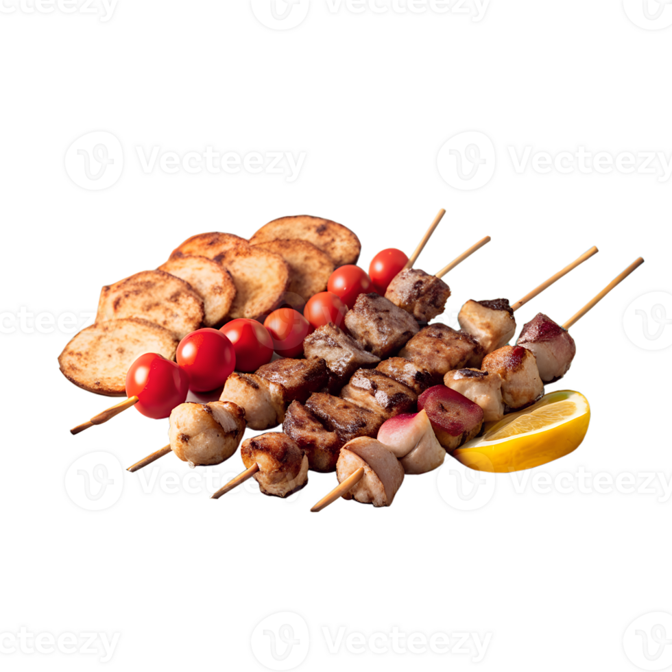 Grilled skewers of meat, vegetables, and bread served with a lemon wedge. A perfect image for BBQ, cooking, or summer dining themes. png