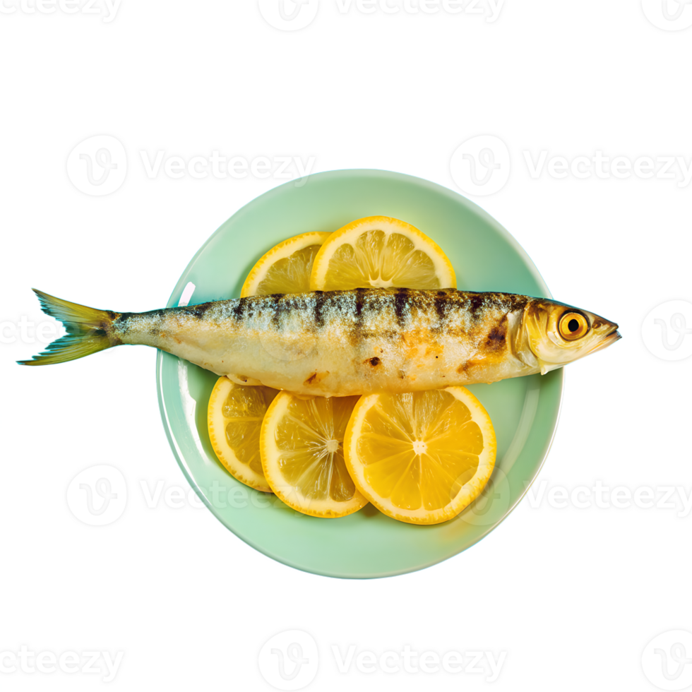 Grilled fish on a light blue plate with lemon slices. Perfect for seafood menus, food blogs, and recipes. png