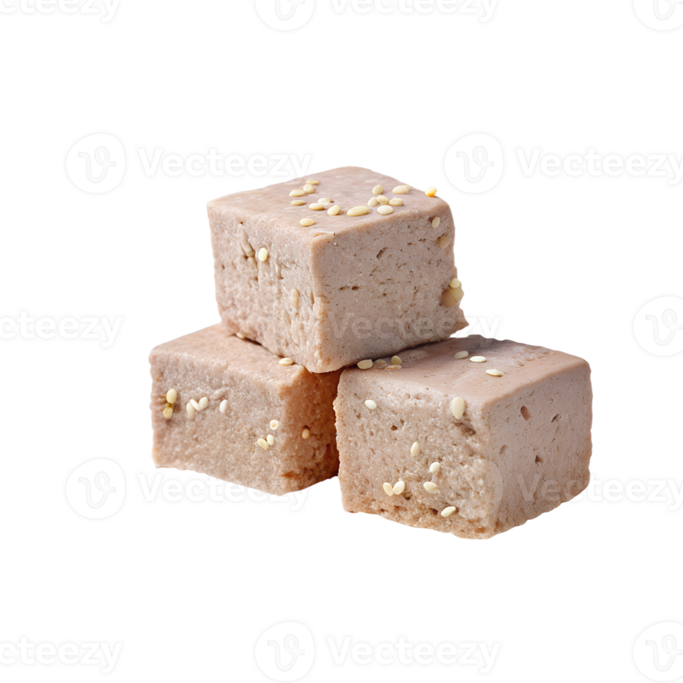 Stack of three brown sesame halva cubes isolated on white background, showing texture and sprinkled sesame seeds. png