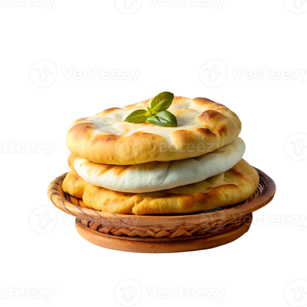 Stack of freshly baked flatbreads on a wooden plate, garnished with basil. Perfect for food, bakery, and cuisine themes. png