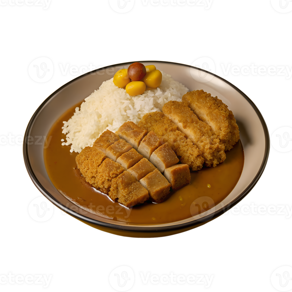 Delicious Japanese katsu curry served with rice and garnished with cherry tomatoes and yellow peppers on a plate. png