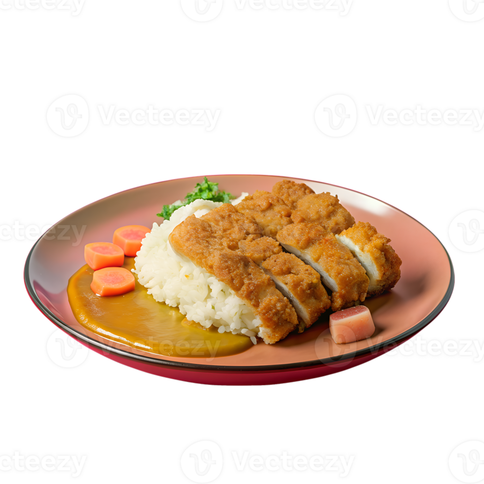Delicious Japanese curry rice with crispy chicken cutlet, served with carrots on a stylish plate. Ideal for culinary and food photography. png