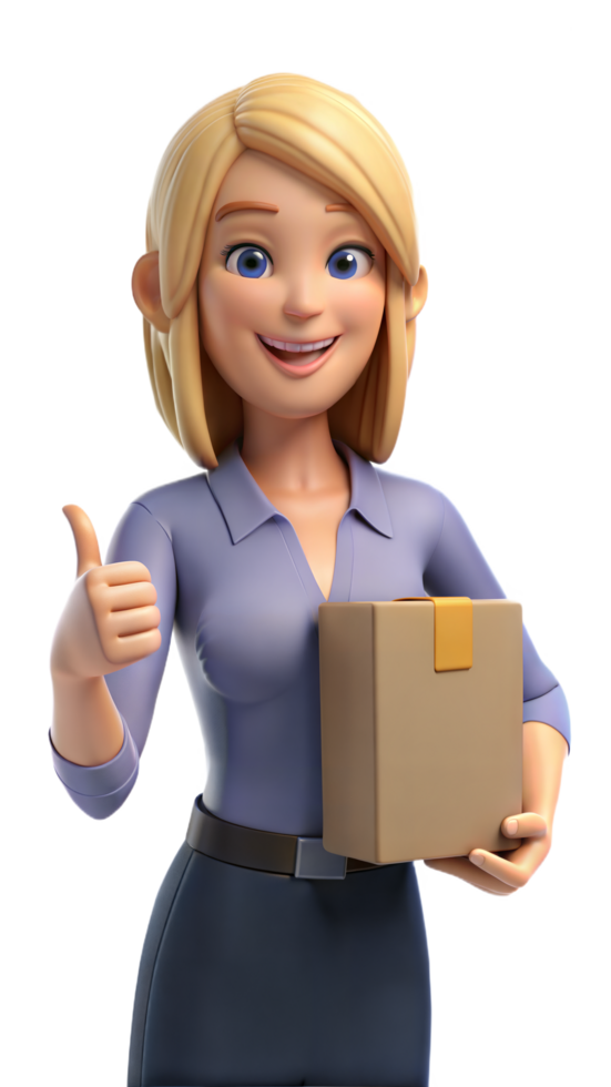 Smiling 3D Cartoon Woman Holding Package and Giving Thumbs Up png