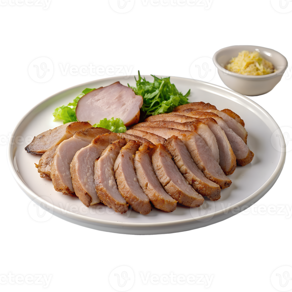 Sliced roasted pork arranged on a white plate with garnish and a side of grated radish, perfect for a delicious meal presentation. png
