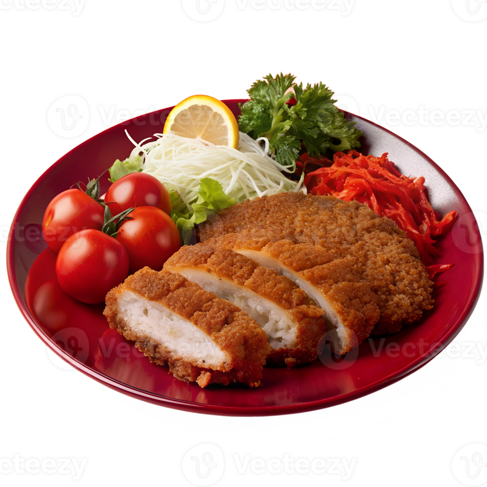 Deliciously plated crispy chicken cutlet served with fresh tomatoes, shredded cabbage, and garnished with a lemon wedge on a red plate. png