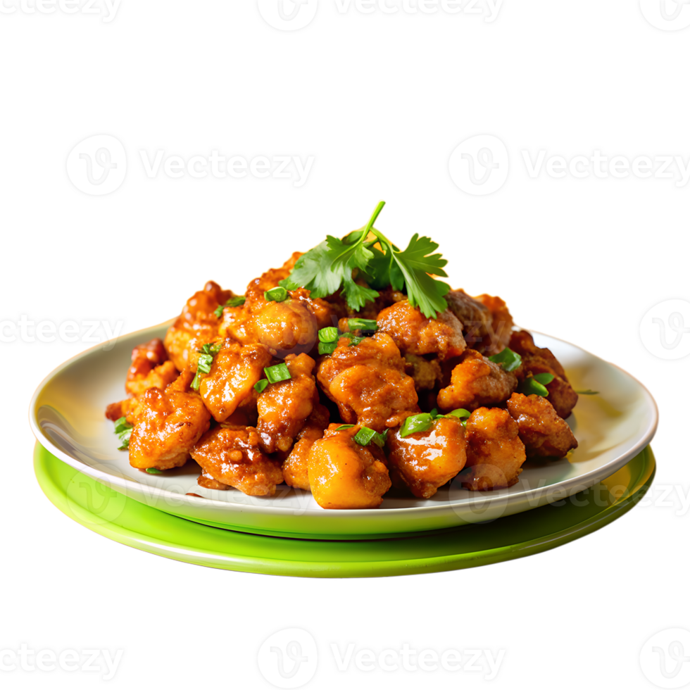 Delicious plate of sweet and sour chicken garnished with fresh herbs, served on a white dish with a green base. png