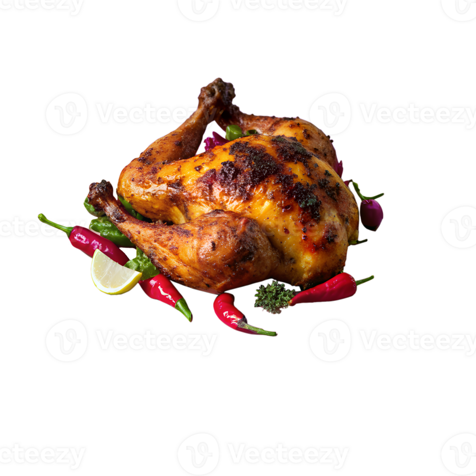 Delicious roasted chicken garnished with greens, red chilis, lime wedge, perfect for culinary presentations and food photography. png