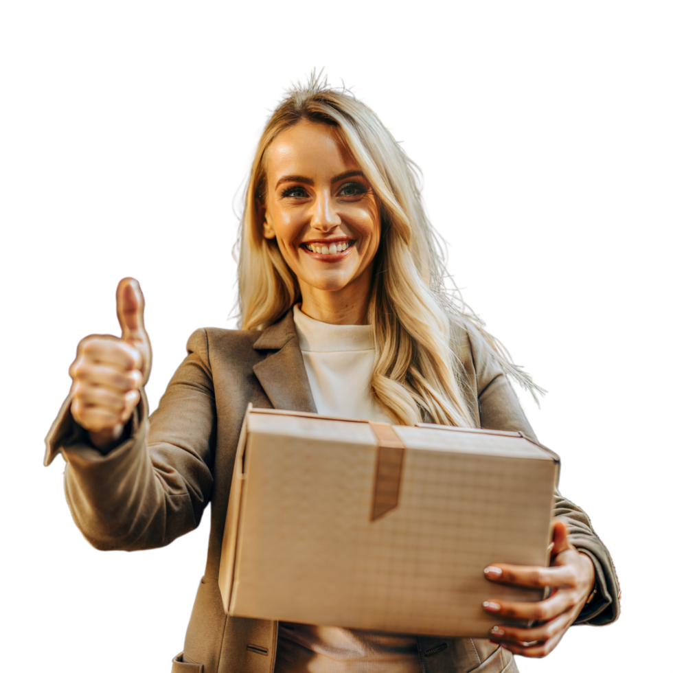 Happy Woman Giving Thumbs Up While Holding a Package png
