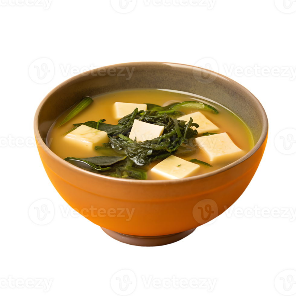 Delicious miso soup with tofu and seaweed in a warm bowl, perfect for a healthy and comforting meal option. png