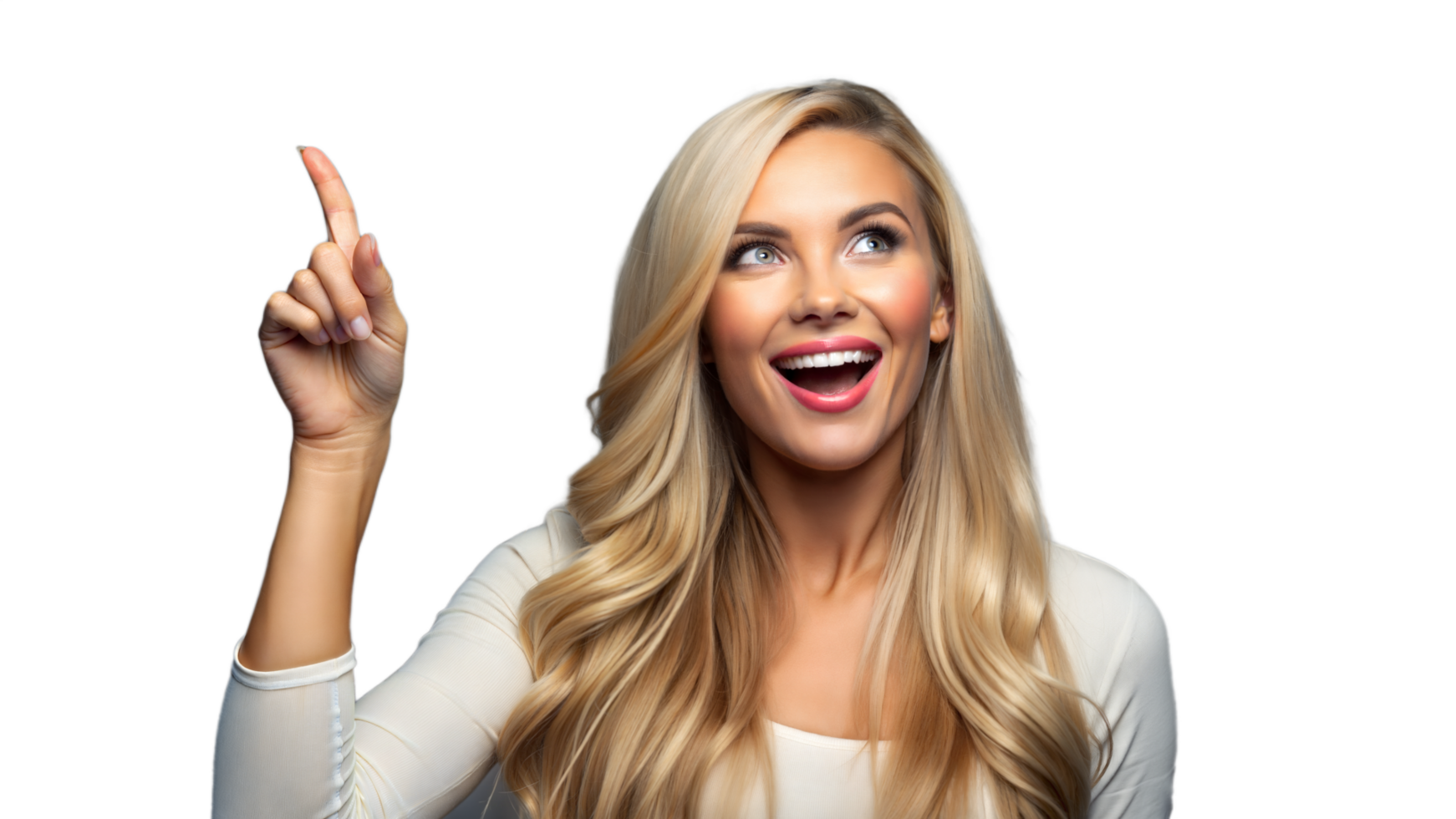 Excited Woman Pointing Upwards With Open Mouth and White Shirt png