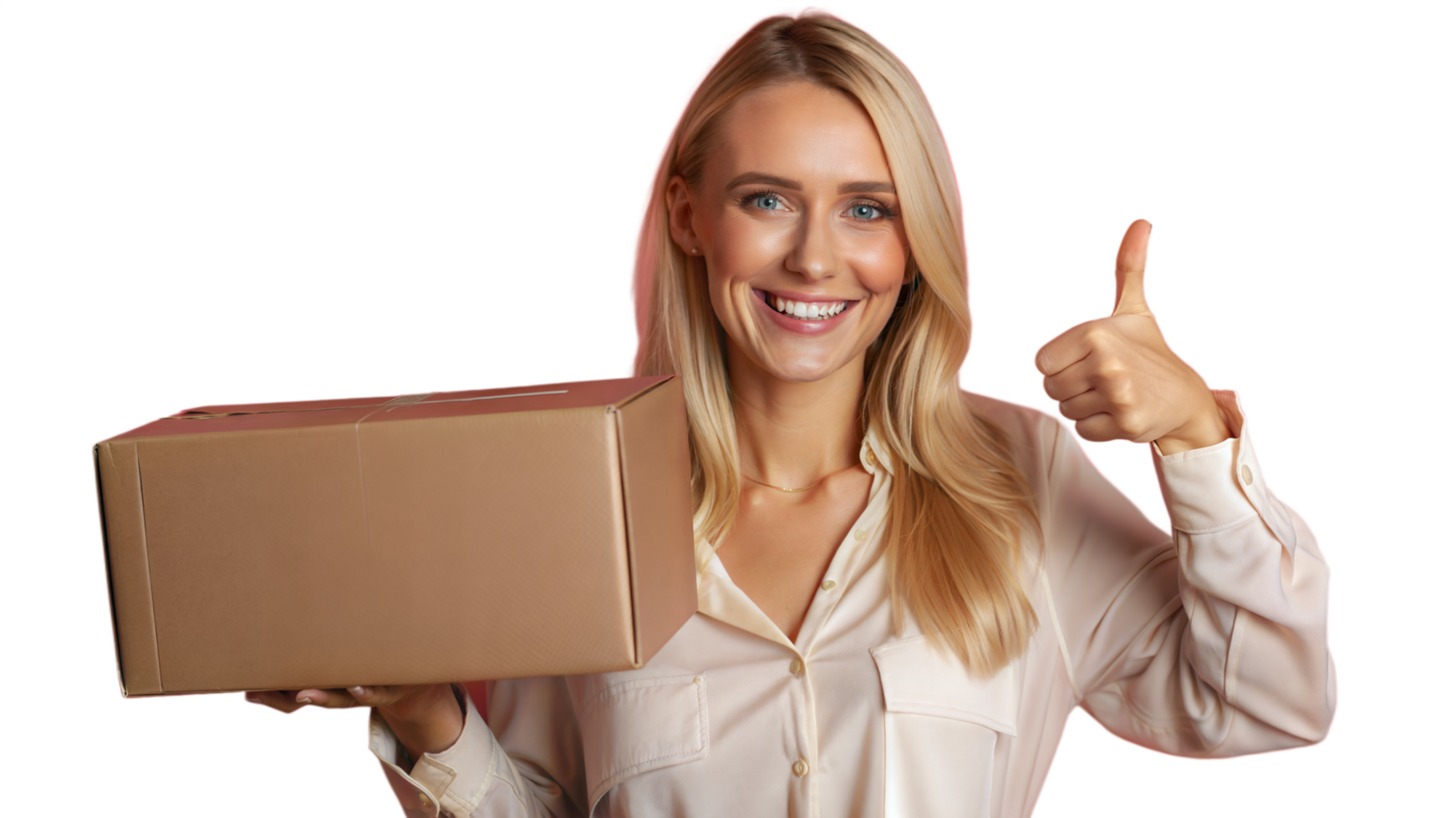 Smiling Woman Holding a Cardboard Box and Giving a Thumbs Up png