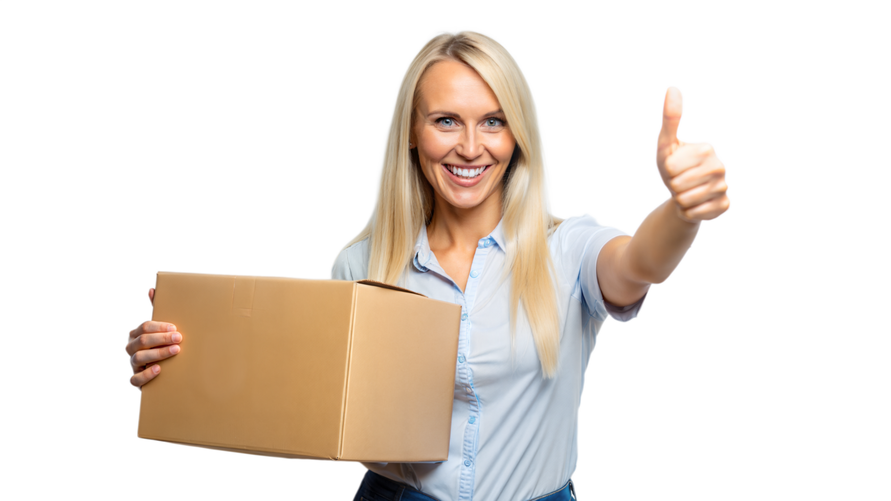 Smiling Woman Holding a Package and Giving a Thumbs Up png