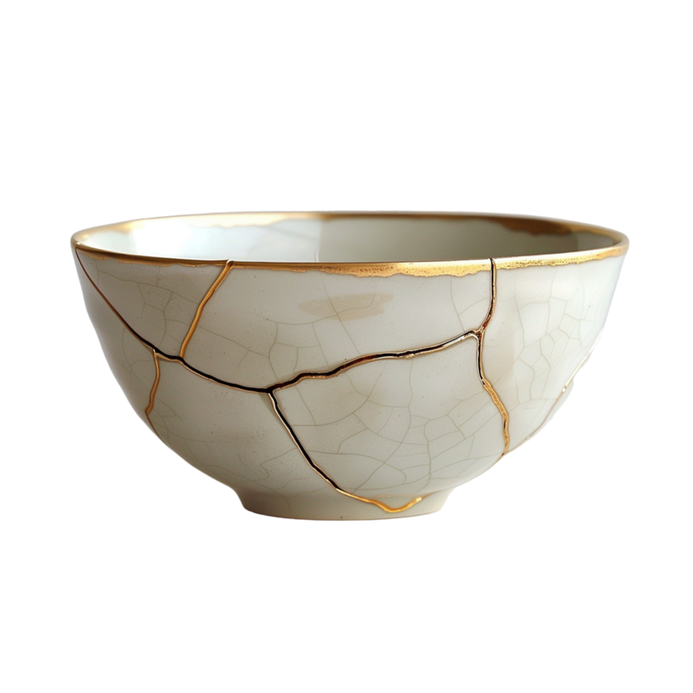 White Ceramic Bowl With Gold Crackle Glaze png