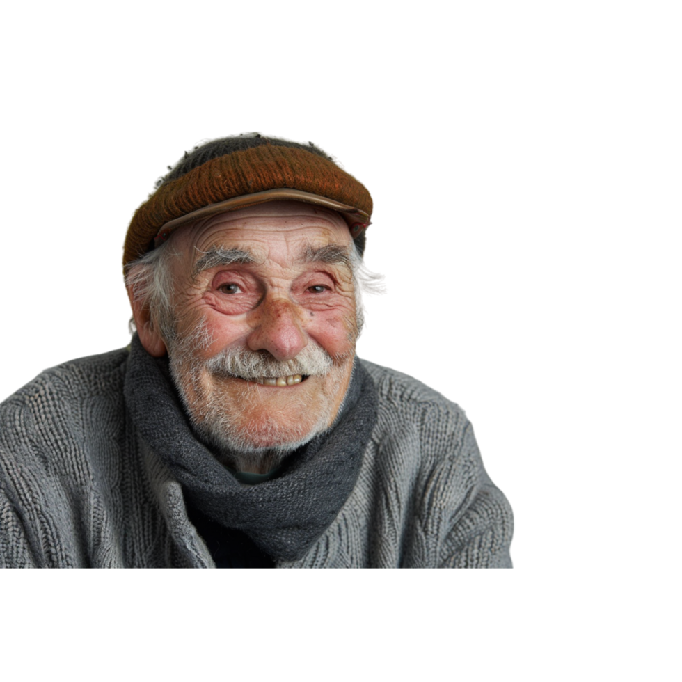 Elderly Man Smiling With Brown Cap and Gray Sweater png