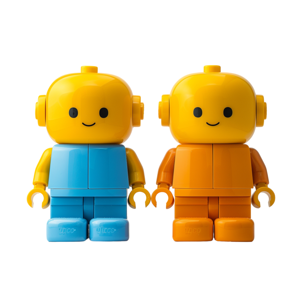 Two Yellow Plastic Toy Robots Standing Side By Side png