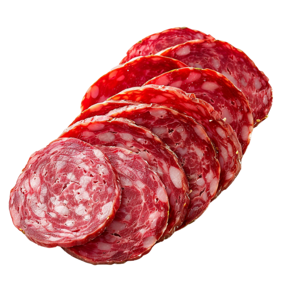 Closeup of Sliced Salami on White Background png
