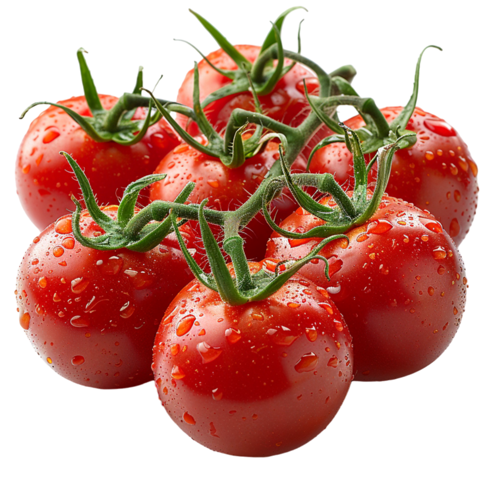 Fresh Red Tomatoes With Green Vines And Water Droplets png