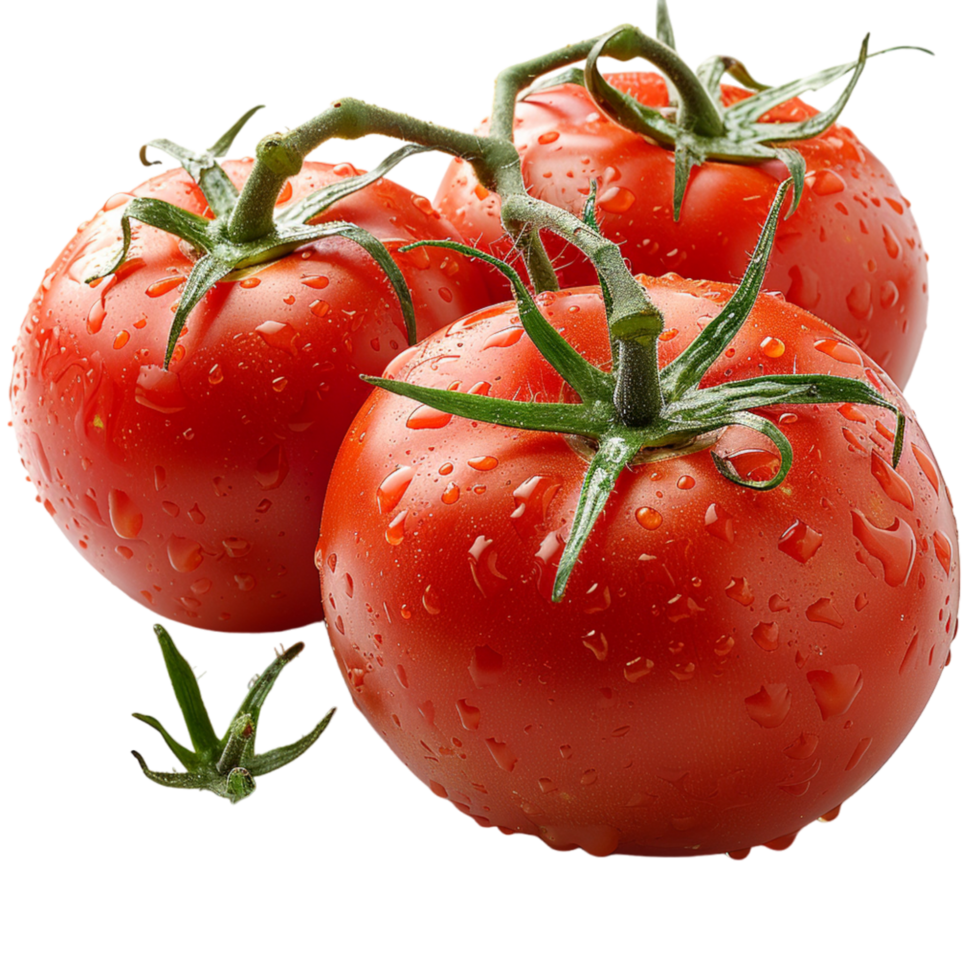 Fresh Red Tomatoes With Green Stems and Water Droplets png