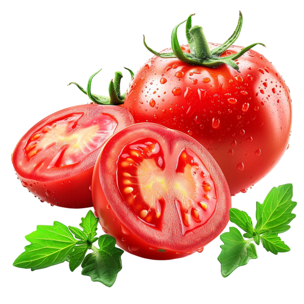 Ripe Red Tomatoes With Water Droplets and Green Leaves png