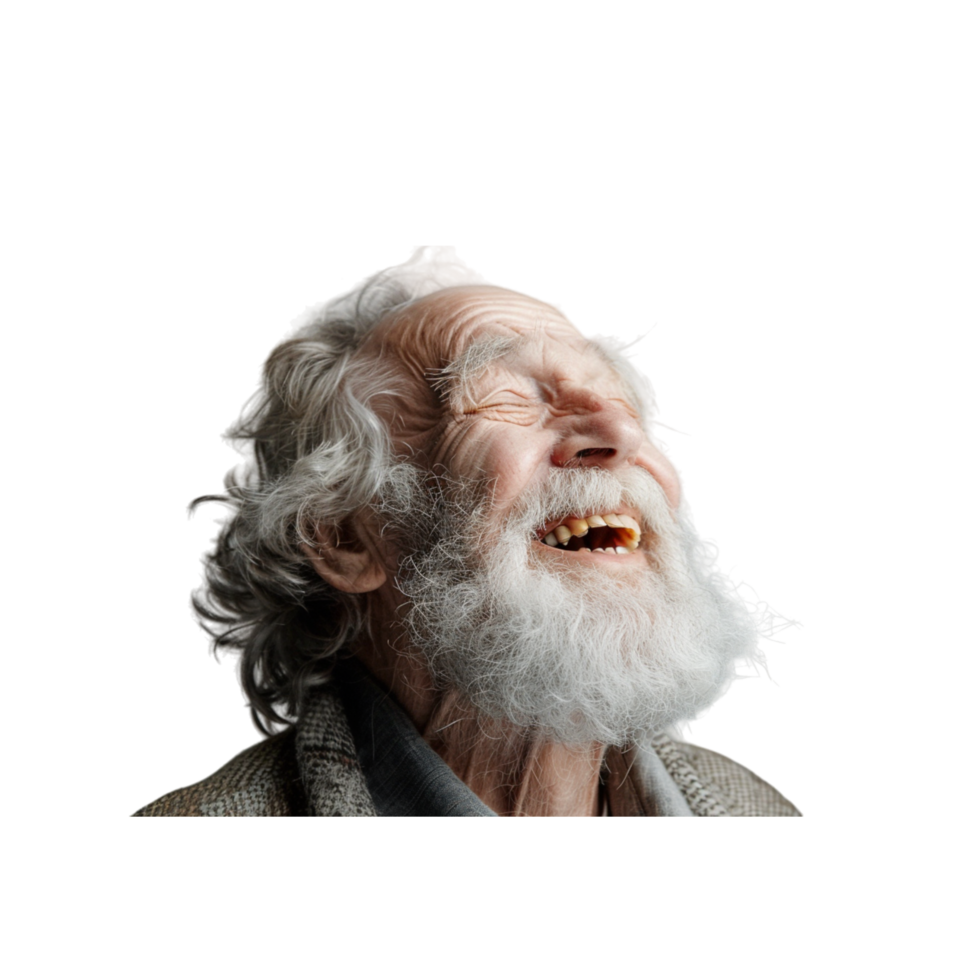 Elderly Man With Grey Hair and Beard Laughing Upwards png