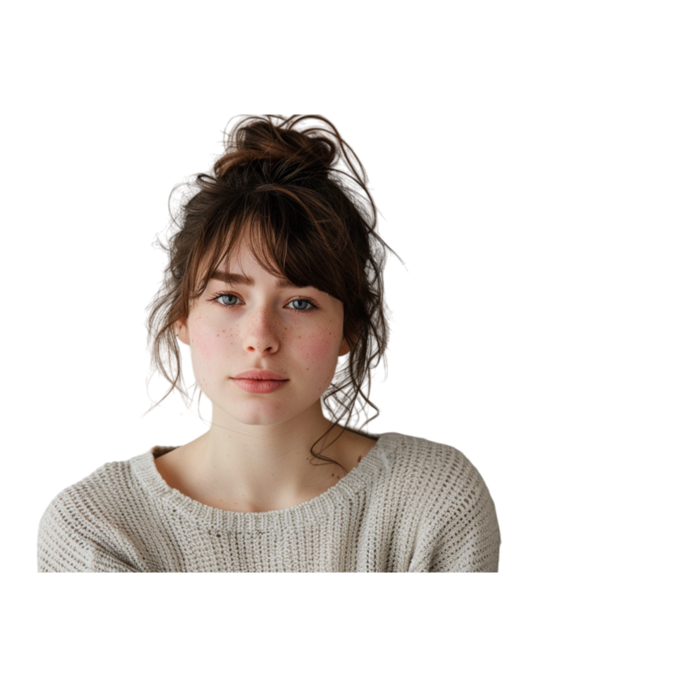 Woman With Brown Hair Wearing a Gray Sweater Against a Checkered Background png