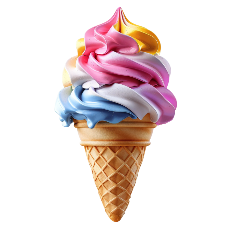 Colorful Ice Cream Cone With Pink, Blue, and Yellow Scoops png