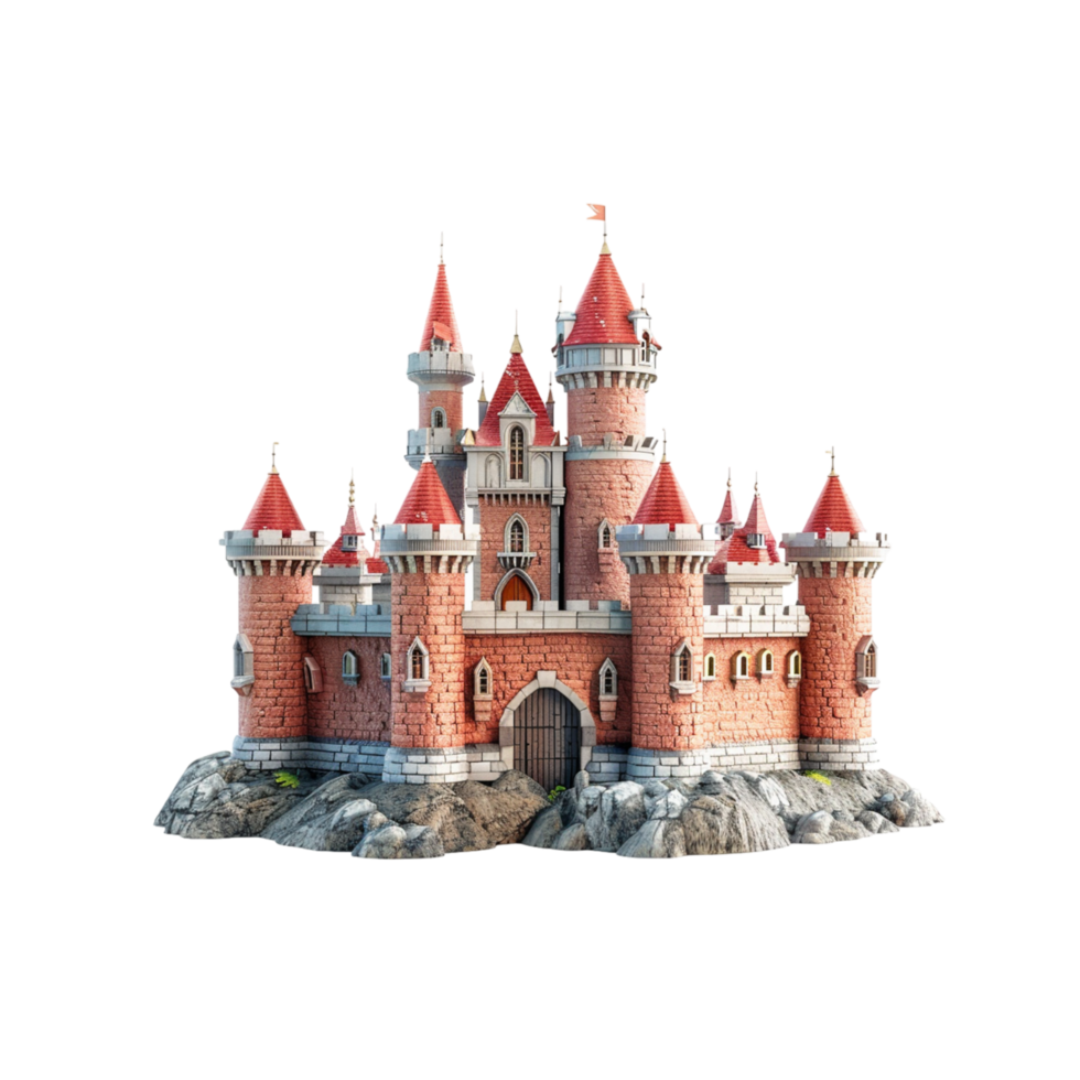 Red Brick Medieval Castle With Towering Walls and Red Roofs png