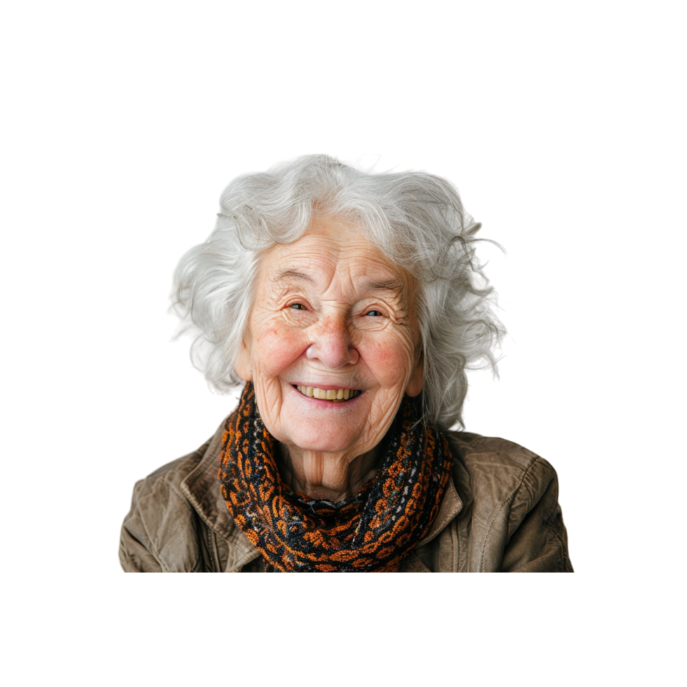 Smiling Elderly Woman In A Brown Jacket And Scarf png