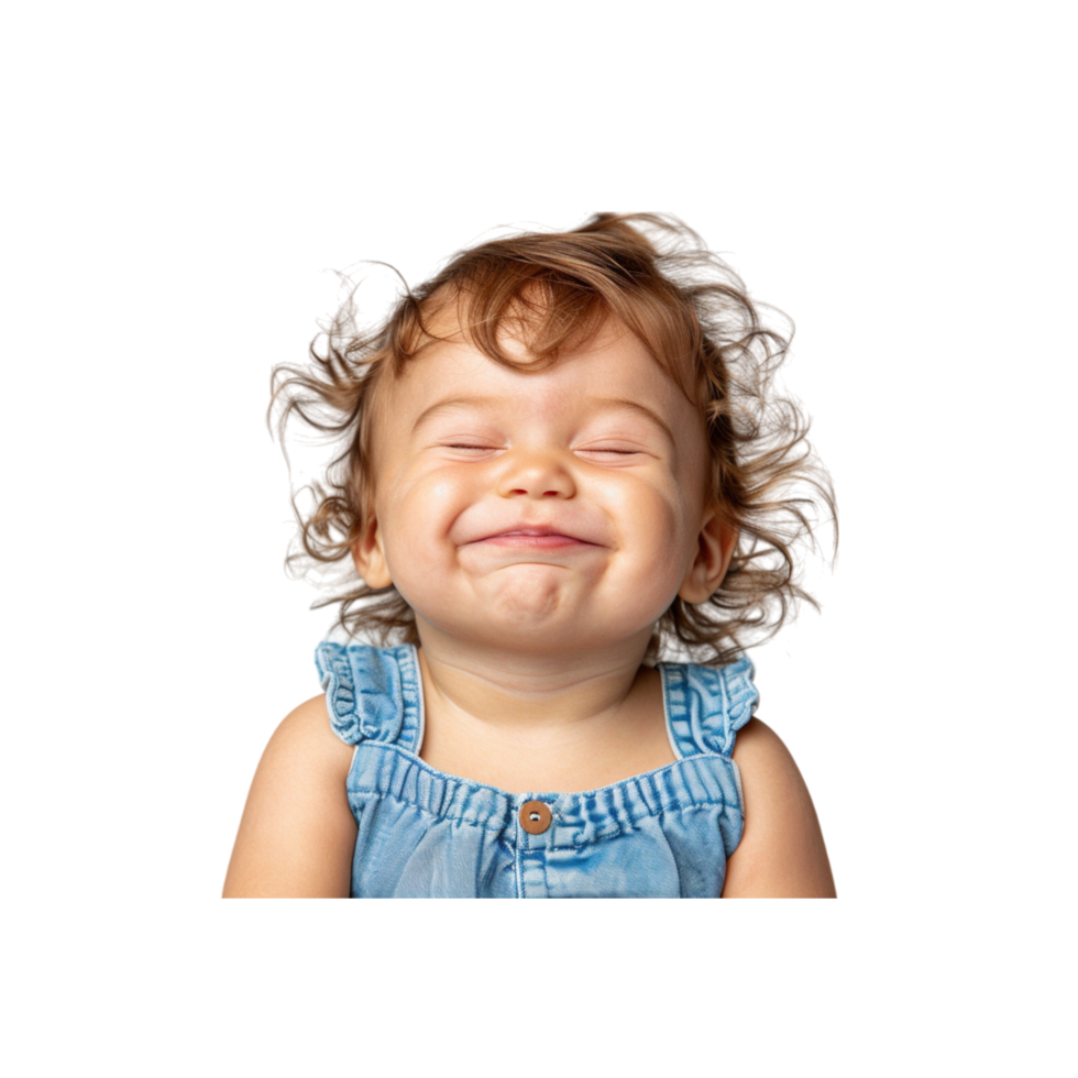 Happy Little Girl Wearing Denim Dress Smiles With Eyes Closed png