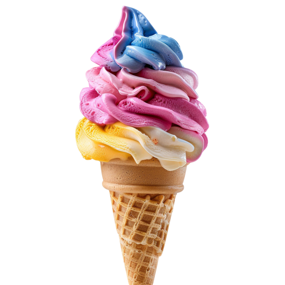 Colorful Soft Serve Ice Cream Cone With Blue, Pink, and Yellow Flavors png