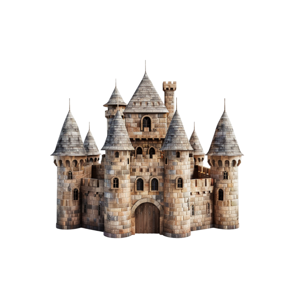 Stone Medieval Castle With Multiple Towers and a Wooden Gate png