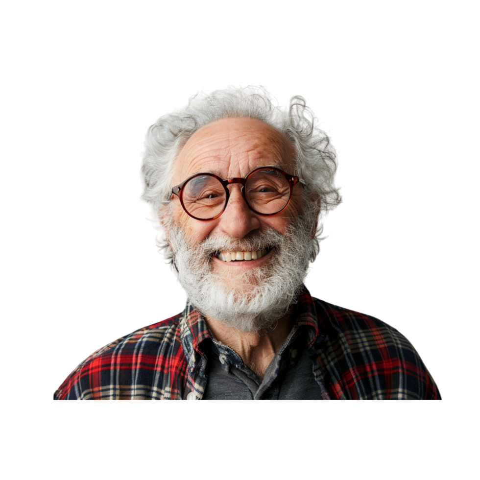 Portrait of a Smiling Elderly Man With White Hair and a Beard Wearing Glasses png