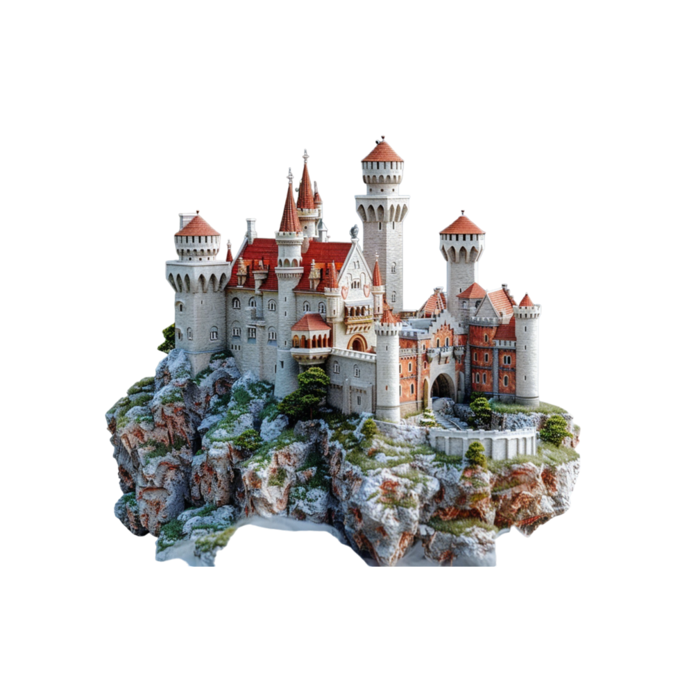 A Detailed Model of Neuschwanstein Castle on a Rocky Cliff png